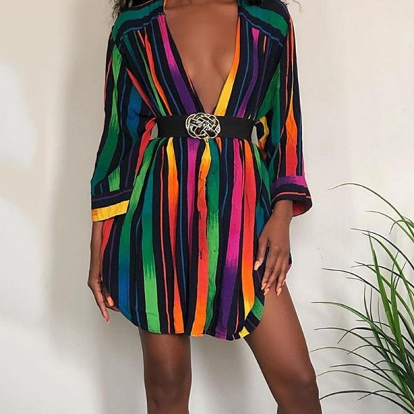 Rainbow color striped print shirt dress women Long sleeve short shirt dress summer streetwear party casual vestidos - Takalr