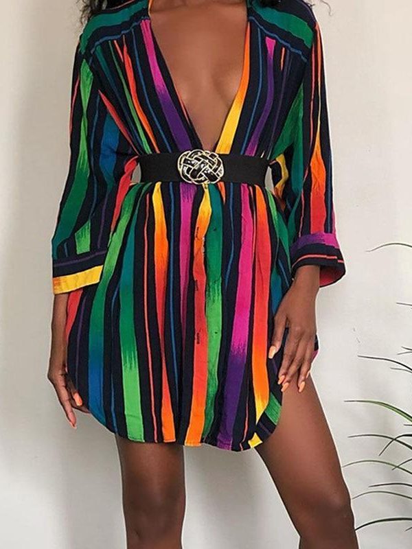 Rainbow color striped print shirt dress women Long sleeve short shirt dress summer streetwear party casual vestidos - Takalr