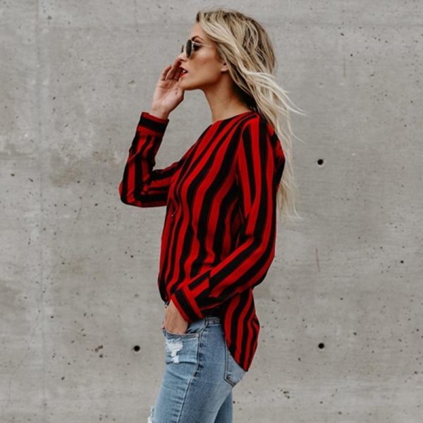 Red and black striped blouse Women sexy v neck blouse shirt Summer fashion brand tops Elegant office ladies blouses - Takalr