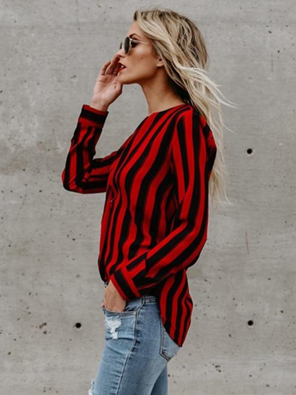 Red and black striped blouse Women sexy v neck blouse shirt Summer fashion brand tops Elegant office ladies blouses - Takalr