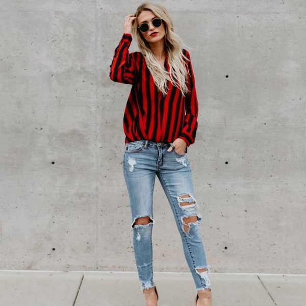 Red and black striped blouse Women sexy v neck blouse shirt Summer fashion brand tops Elegant office ladies blouses - Takalr