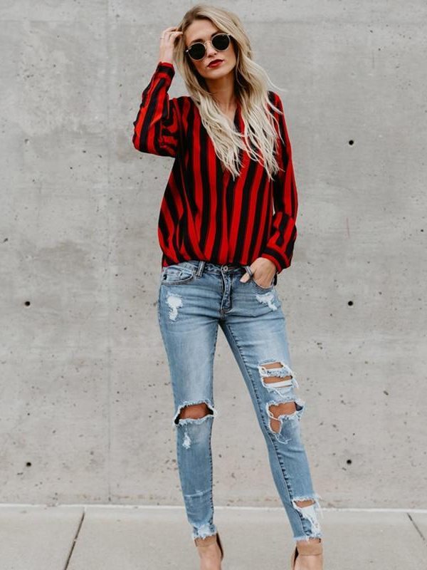 Red and black striped blouse Women sexy v neck blouse shirt Summer fashion brand tops Elegant office ladies blouses - Takalr