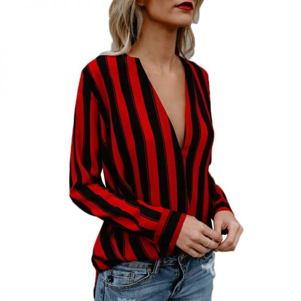 Red and black striped blouse Women sexy v neck blouse shirt Summer fashion brand tops Elegant office ladies blouses - Takalr