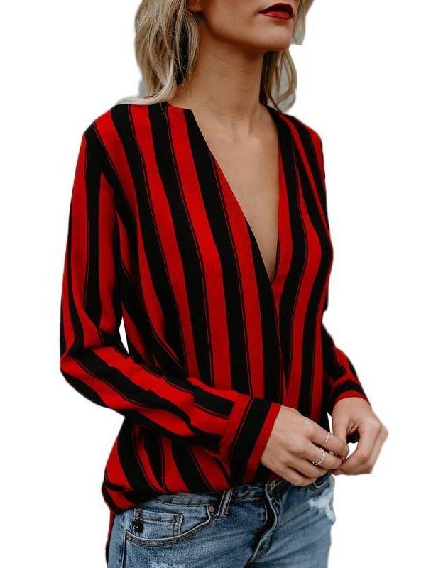 Red and black striped blouse Women sexy v neck blouse shirt Summer fashion brand tops Elegant office ladies blouses - Takalr