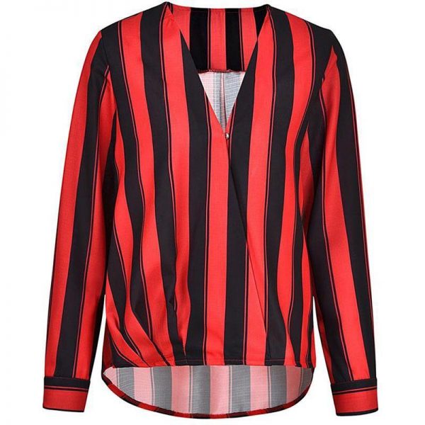 Red and black striped blouse Women sexy v neck blouse shirt Summer fashion brand tops Elegant office ladies blouses - Takalr