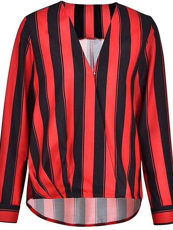 Red and black striped blouse Women sexy v neck blouse shirt Summer fashion brand tops Elegant office ladies blouses - Takalr