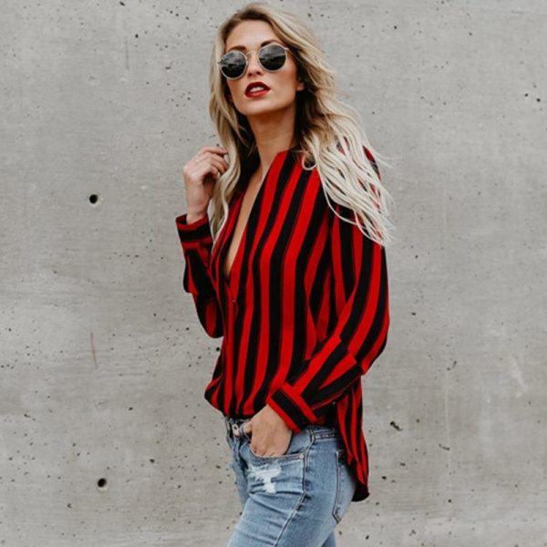 Red and black striped blouse Women sexy v neck blouse shirt Summer fashion brand tops Elegant office ladies blouses - Takalr