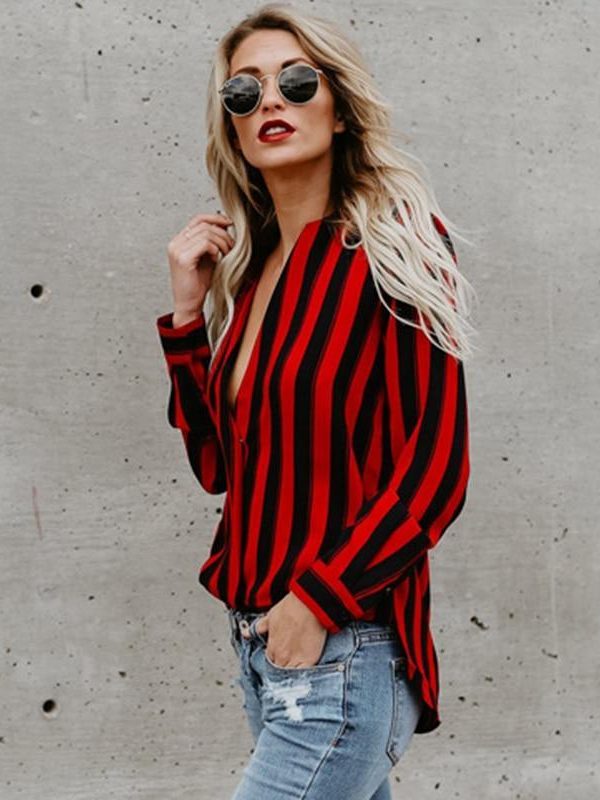 Red and black striped blouse Women sexy v neck blouse shirt Summer fashion brand tops Elegant office ladies blouses - Takalr