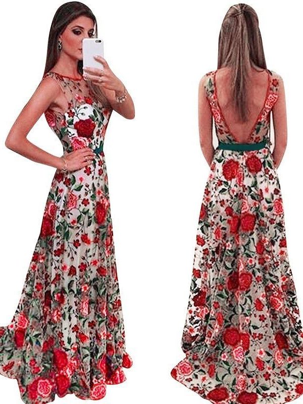 Red flower embroidered long maxi dress Women back v  embroidery mesh dresses Elegant sleeveless ladies party dress Robe vestidos - Takalr