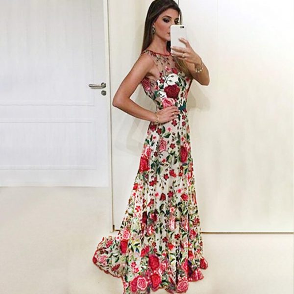 Red flower embroidered long maxi dress Women back v  embroidery mesh dresses Elegant sleeveless ladies party dress Robe vestidos - Takalr