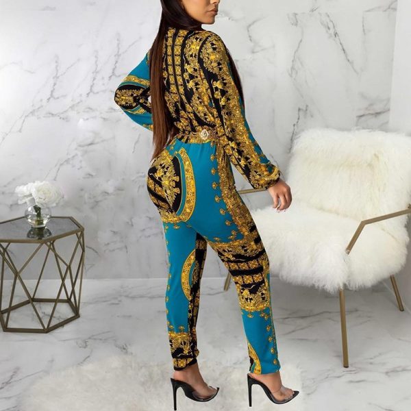 Retro Print Long Sleeve Jumpsuit Women Elegant Long Pants Rompers Womens Jumpsuit Turn Down Collar Club Outfits Overalls - Takalr