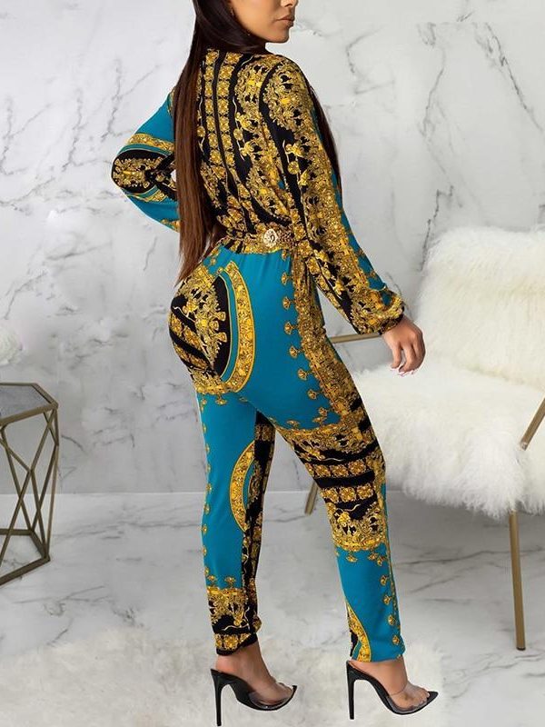 Retro Print Long Sleeve Jumpsuit Women Elegant Long Pants Rompers Womens Jumpsuit Turn Down Collar Club Outfits Overalls - Takalr