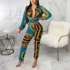 Retro Print Long Sleeve Jumpsuit Women Elegant Long Pants Rompers Womens Jumpsuit Turn Down Collar Club Outfits Overalls - Takalr