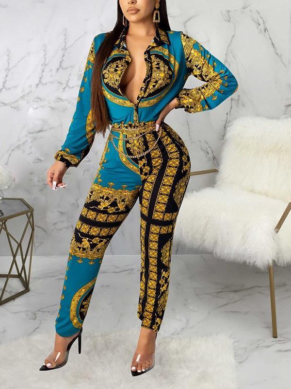 Retro Print Long Sleeve Jumpsuit Women Elegant Long Pants Rompers Womens Jumpsuit Turn Down Collar Club Outfits Overalls - Takalr