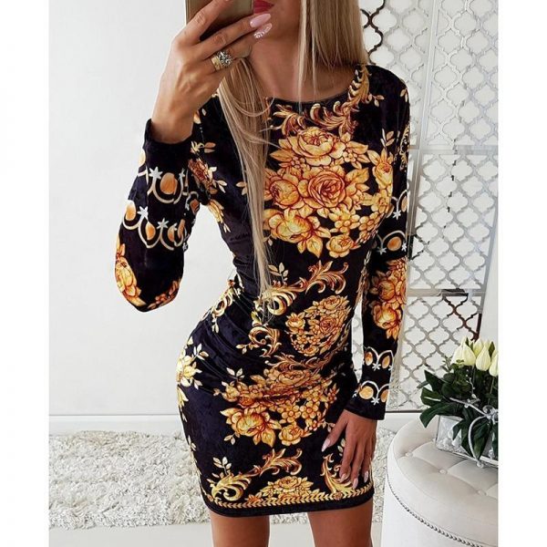 Retro Print Stretchy Bodycon Dress Women O Neck Long Sleeve Party Dress Vintage Slim Fit Mini Party Dresses - Takalr