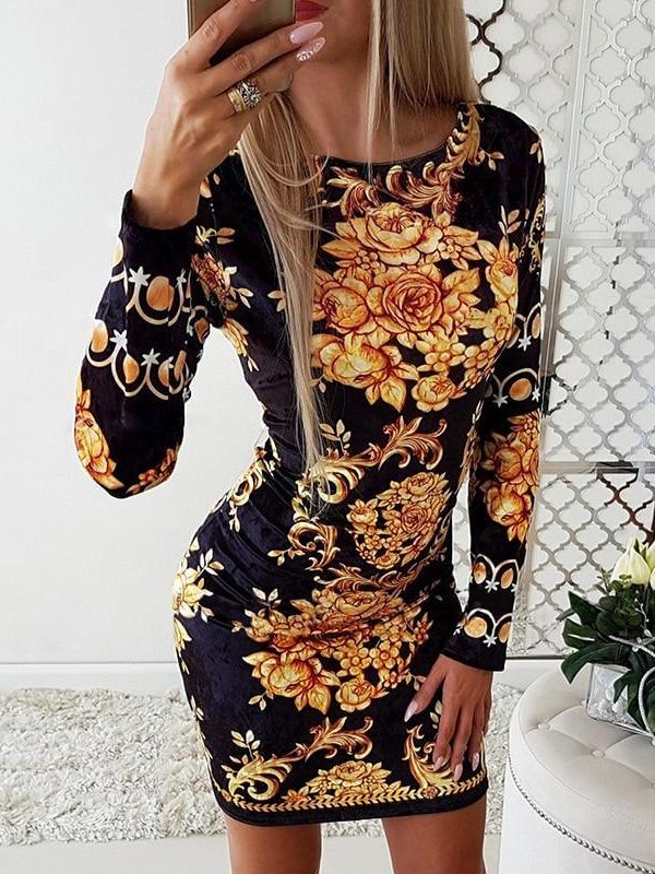 Retro Print Stretchy Bodycon Dress Women O Neck Long Sleeve Party Dress Vintage Slim Fit Mini Party Dresses - Takalr