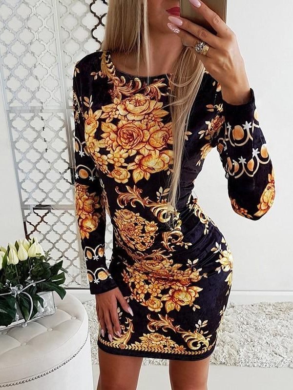 Retro Print Stretchy Bodycon Dress Women O Neck Long Sleeve Party Dress Vintage Slim Fit Mini Party Dresses - Takalr