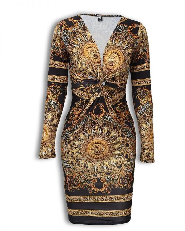 Retro Print Twist Front Long Sleeve Dress - Takalr