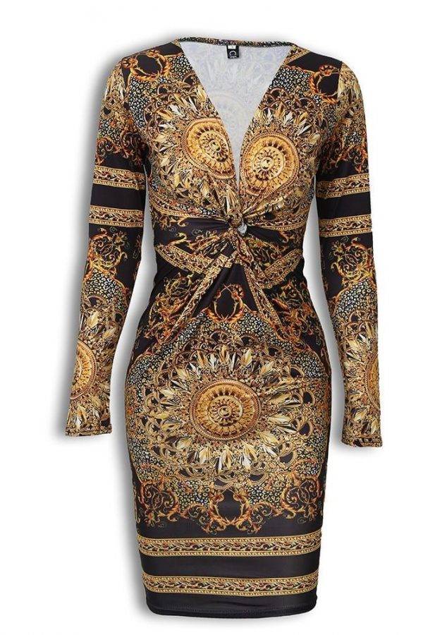 Retro Print Twist Front Long Sleeve Dress - Takalr