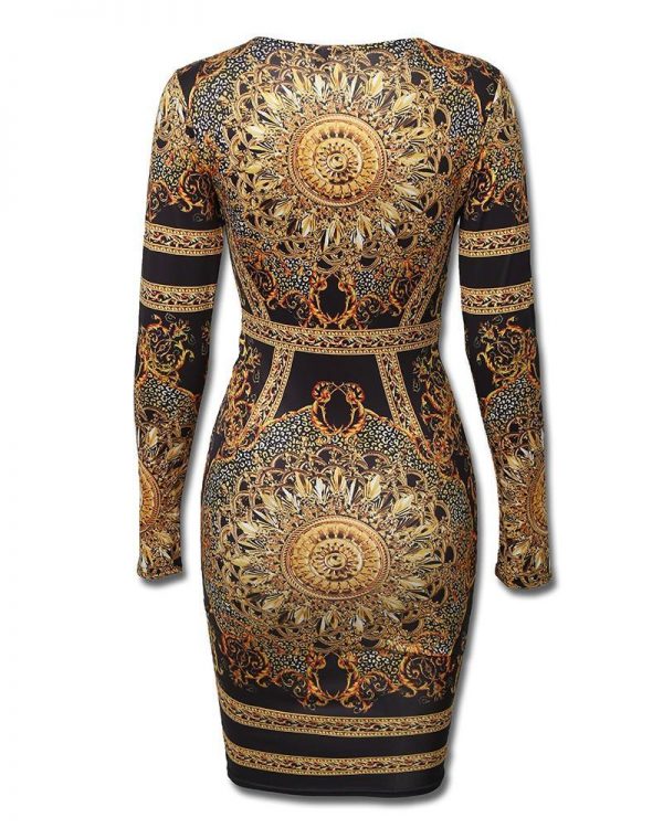 Retro Print Twist Front Long Sleeve Dress - Takalr