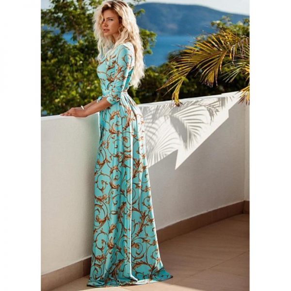 Retro print sashes long dress women Split high waist bohemian maxi dress Long sleeve summer beach dresses Robe femme - Takalr