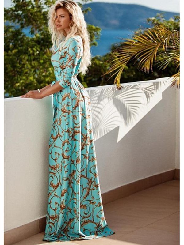 Retro print sashes long dress women Split high waist bohemian maxi dress Long sleeve summer beach dresses Robe femme - Takalr