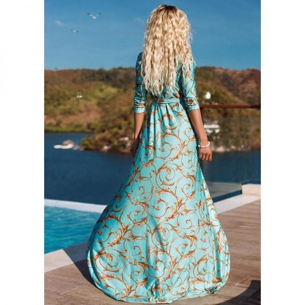 Retro print sashes long dress women Split high waist bohemian maxi dress Long sleeve summer beach dresses Robe femme - Takalr