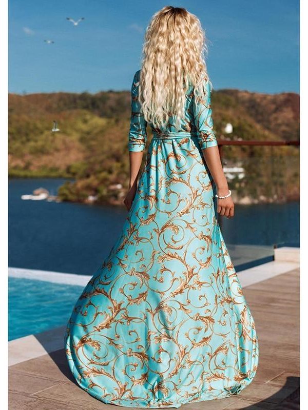 Retro print sashes long dress women Split high waist bohemian maxi dress Long sleeve summer beach dresses Robe femme - Takalr