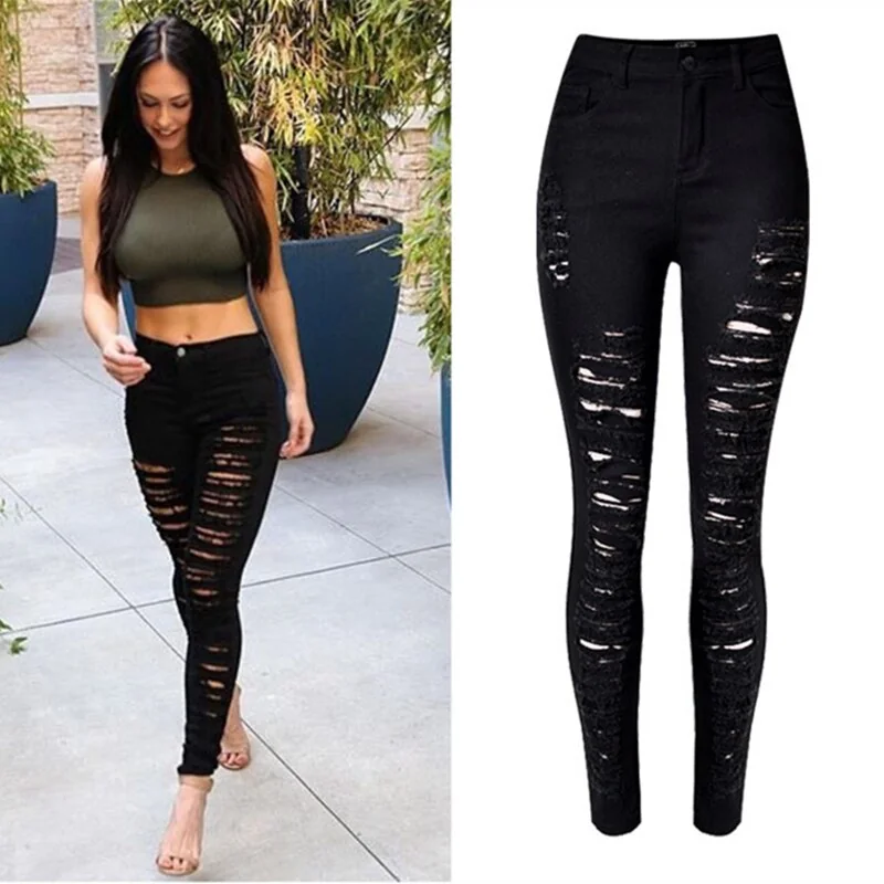 Ripped Jeans For Women Black Ripped Jeans Sexy Distressed Jeans Skinny High Waist Elastic Pencil Denim Trousers - Image 8