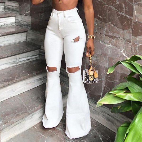 Ripped high waist women jeans Summer fashion knee ripped flare pants Solid color skinny jeans woman combinaison pantalon - Takalr