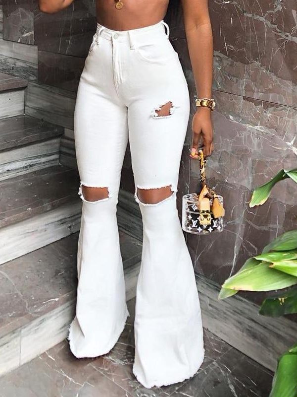 Ripped high waist women jeans Summer fashion knee ripped flare pants Solid color skinny jeans woman combinaison pantalon - Takalr