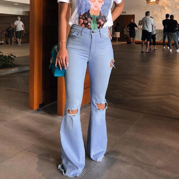 Ripped high waist women jeans Summer fashion knee ripped flare pants Solid color skinny jeans woman combinaison pantalon - Takalr