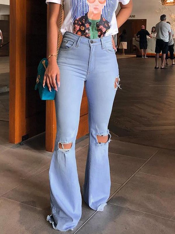 Ripped high waist women jeans Summer fashion knee ripped flare pants Solid color skinny jeans woman combinaison pantalon - Takalr