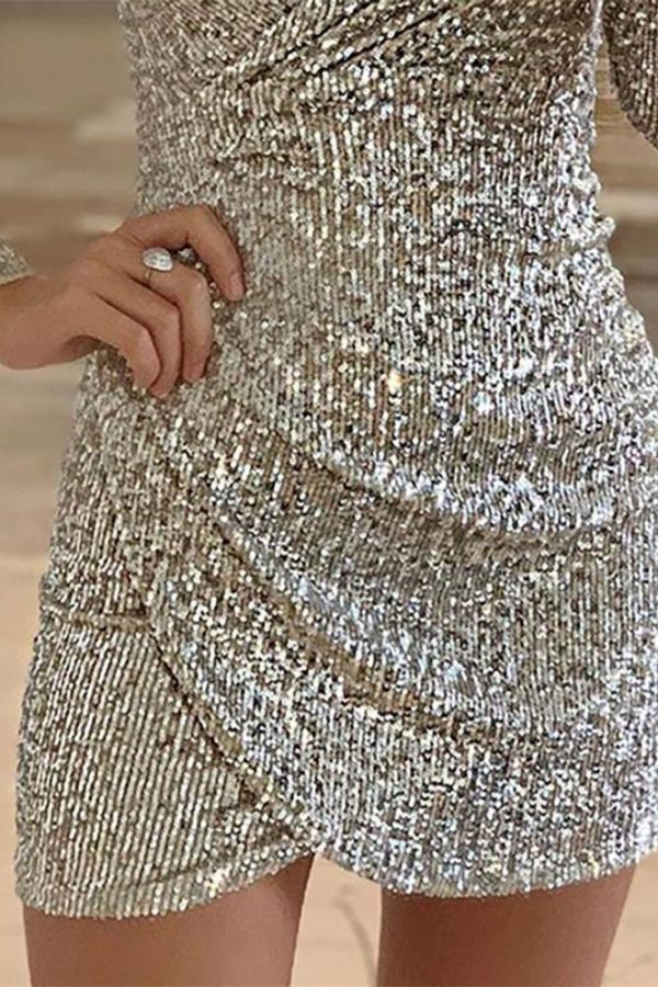 Ruch Designed Sequin Dress Women V Neck Long Sleeve Party Dress Slim Fit Bodycon Dress Silver Sequined Tight Vestidos - Takalr