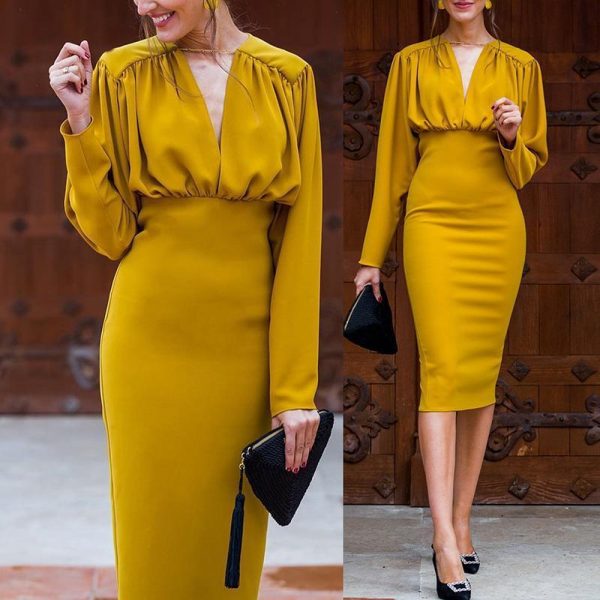 Ruched Design Long Sleeve Midi Dress Women Peplum Office Dress Summer Elegant V Neck Party dresses Yellow vestidos de festa - Takalr