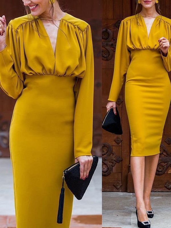 Ruched Design Long Sleeve Midi Dress Women Peplum Office Dress Summer Elegant V Neck Party dresses Yellow vestidos de festa - Takalr