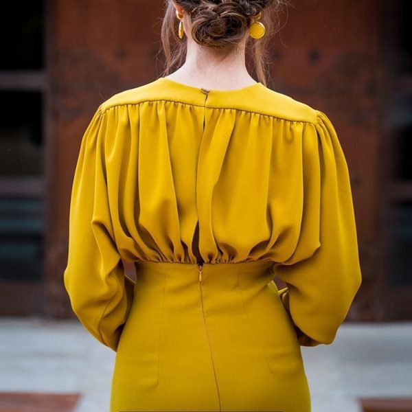 Ruched Design Long Sleeve Midi Dress Women Peplum Office Dress Summer Elegant V Neck Party dresses Yellow vestidos de festa - Takalr