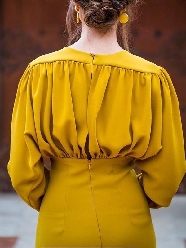 Ruched Design Long Sleeve Midi Dress Women Peplum Office Dress Summer Elegant V Neck Party dresses Yellow vestidos de festa - Takalr