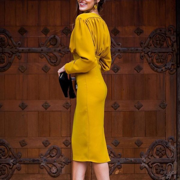 Ruched Design Long Sleeve Midi Dress Women Peplum Office Dress Summer Elegant V Neck Party dresses Yellow vestidos de festa - Takalr