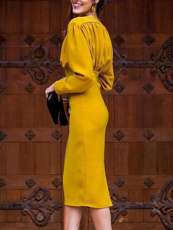 Ruched Design Long Sleeve Midi Dress Women Peplum Office Dress Summer Elegant V Neck Party dresses Yellow vestidos de festa - Takalr