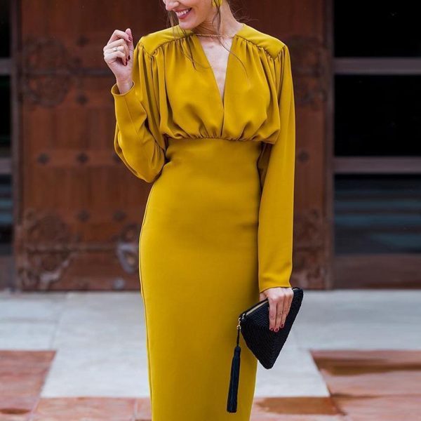 Ruched Design Long Sleeve Midi Dress Women Peplum Office Dress Summer Elegant V Neck Party dresses Yellow vestidos de festa - Takalr