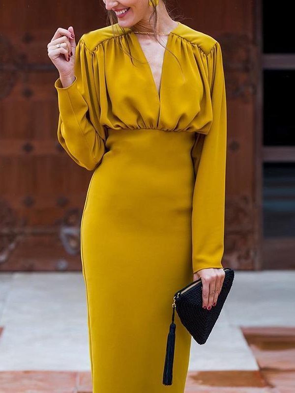 Ruched Design Long Sleeve Midi Dress Women Peplum Office Dress Summer Elegant V Neck Party dresses Yellow vestidos de festa - Takalr