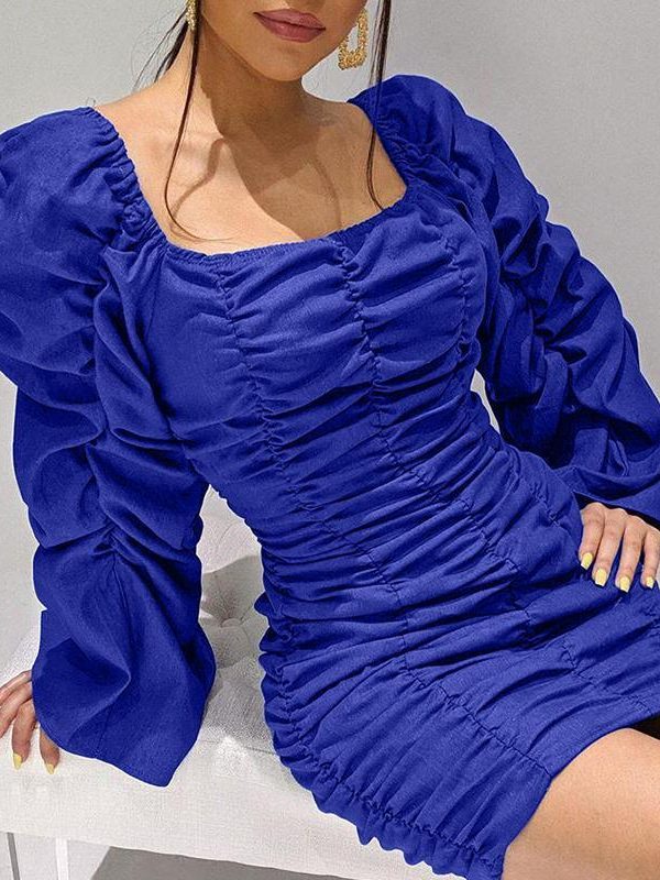 Ruched Design Off Shoulder Long Sleeve Dress Women Solid Blue  Bodycon Party Dresses Mini Vestidos Plus Size - Takalr