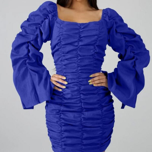 Ruched Design Off Shoulder Long Sleeve Dress Women Solid Blue  Bodycon Party Dresses Mini Vestidos Plus Size - Takalr