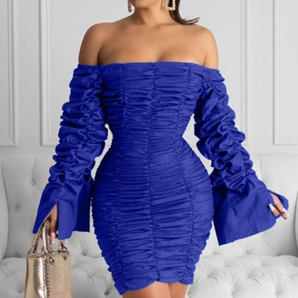 Ruched Design Off Shoulder Long Sleeve Dress Women Solid Blue  Bodycon Party Dresses Mini Vestidos Plus Size - Takalr