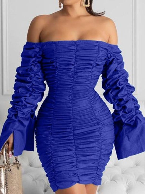 Ruched Design Off Shoulder Long Sleeve Dress Women Solid Blue  Bodycon Party Dresses Mini Vestidos Plus Size - Takalr