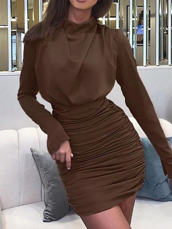 Ruched Designed High Waist Long Sleeve Dress Women Solid Color White Bodycon Party Dress Winter Short Vestidos - Takalr