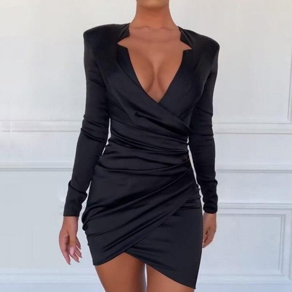 Ruched Designed Long Sleeve Satin Dress Women Irregular Slim Black Bodycon Mini Dress Night Club Party Vestidos Mujer - Takalr