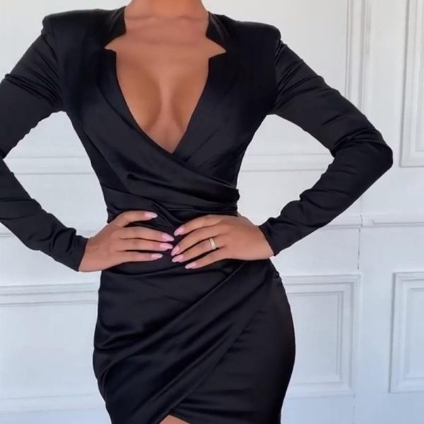 Ruched Designed Long Sleeve Satin Dress Women Irregular Slim Black Bodycon Mini Dress Night Club Party Vestidos Mujer - Takalr