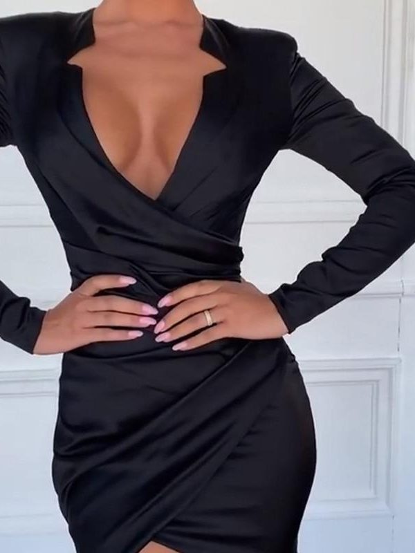 Ruched Designed Long Sleeve Satin Dress Women Irregular Slim Black Bodycon Mini Dress Night Club Party Vestidos Mujer - Takalr